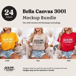 May include: A mockup bundle of 24 Bella Canvas 3001 t-shirts in three colors: gold, tan, and red. Each t-shirt features the text "GOLDIE + MOCKS" in white.