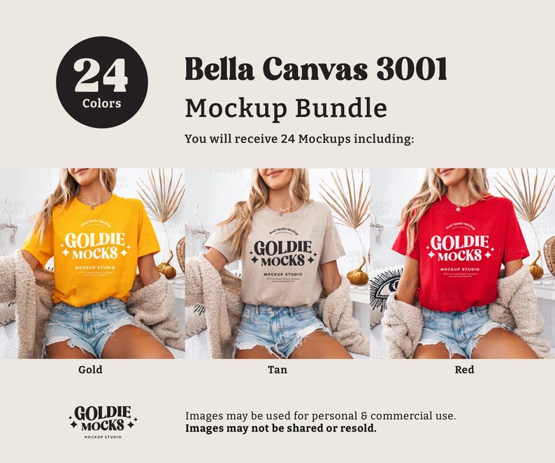May include: A mockup bundle of 24 Bella Canvas 3001 t-shirts in three colors: gold, tan, and red. Each t-shirt features the text "GOLDIE + MOCKS" in white.