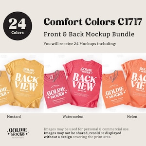 May include: A mockup bundle featuring t-shirts in mustard, watermelon, and melon colors. Each shirt displays the "BACK VIEW" design and the "GOLDIE MOCKS" logo. The image includes text indicating 24 colors and the phrase "Comfort Colors C1717".