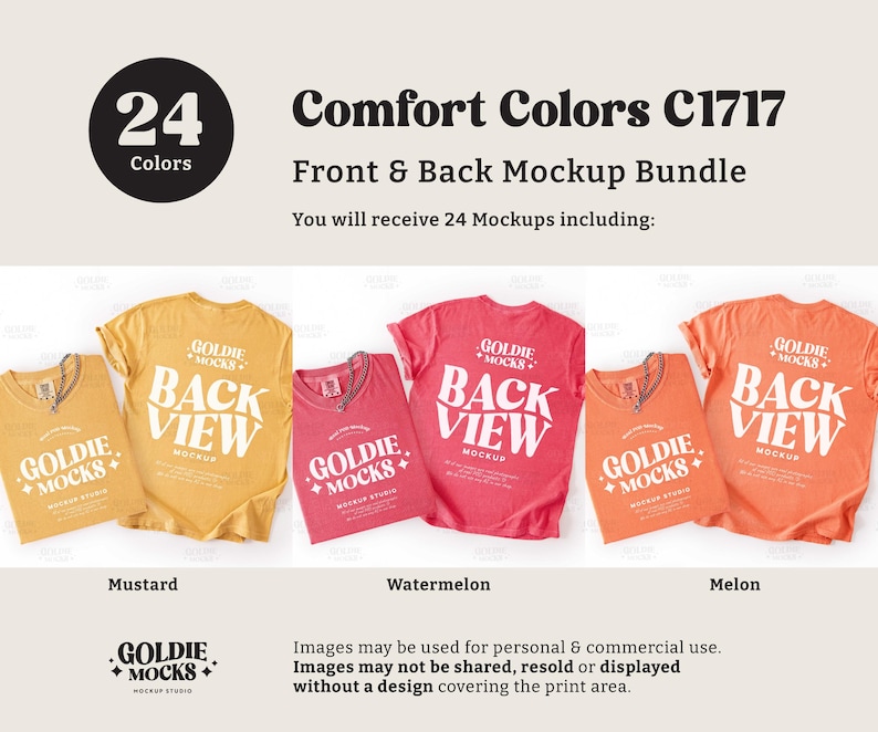 May include: A mockup bundle featuring t-shirts in mustard, watermelon, and melon colors. Each shirt displays the "BACK VIEW" design and the "GOLDIE MOCKS" logo. The image includes text indicating 24 colors and the phrase "Comfort Colors C1717".