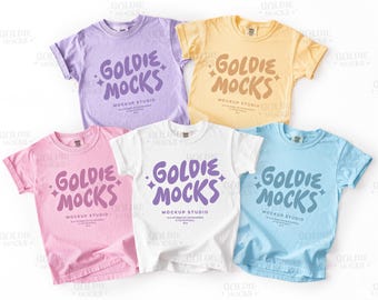 Comfort Colors C9018 Tshirt Group Mockup | 9018 White Orchid Blossom Butter Chambray Youth T-Shirt Mockup | Trendy Pastel Multiple Kids Mock