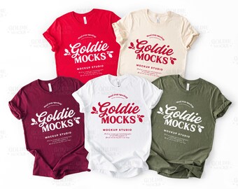 Bella Canvas 3001 Group Shirt Mockup | BC 3001 White Red Natural Maroon Military Green Tshirt Mock | Trendy Christmas Unisex Group Flatlay