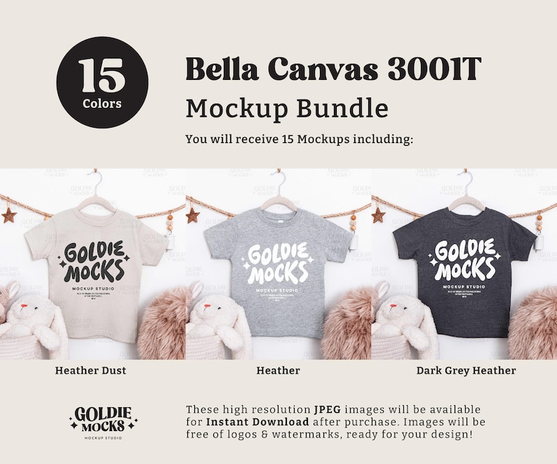 May include: A mockup bundle featuring three t-shirts in different colors: Heather Dust, Heather, and Dark Grey Heather. Each shirt displays the text "GOLDIE MOCKS MOCKUP STUDIO". The image also includes the text "15 Colors" and "Bella Canvas 3001T Mockup Bundle".