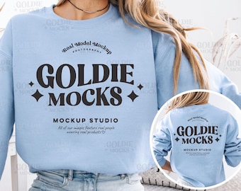 Gildan 18000 Light Blue Sweatshirt Front & Back Mockup | G180 Blue Crewneck Sweater Split Mock-up | Real Model Mock | Minimal Dual Back View