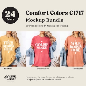 May include: A mockup bundle of 24 t-shirt designs in various colors. The t-shirts are shown on models wearing them. The colors shown are mustard, watermelon, and terracotta. The text on the t-shirts says "Your Design Here" and "Goldie Mocks".