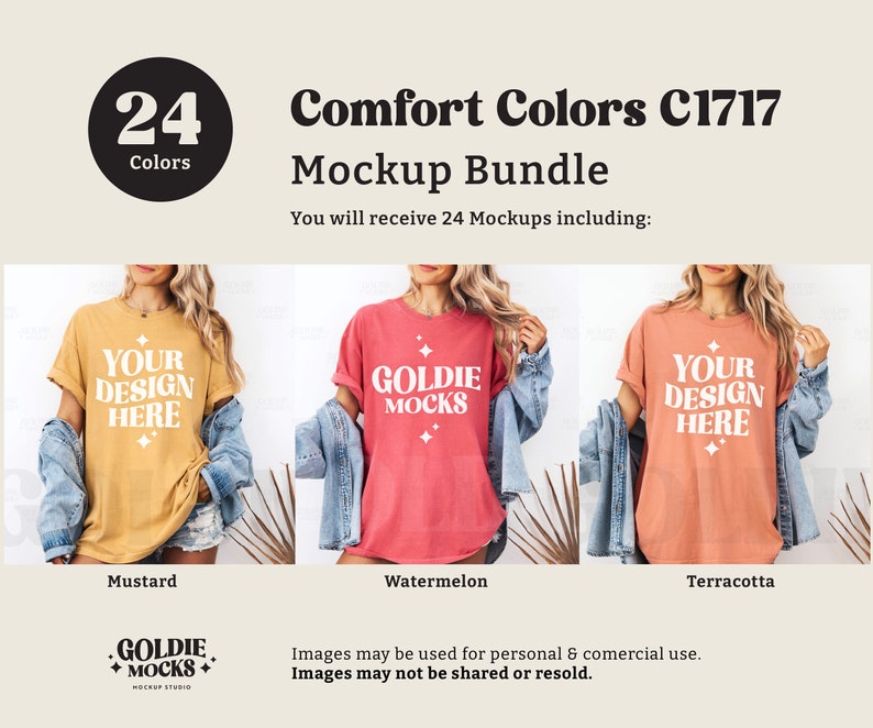 May include: A mockup bundle of 24 t-shirt designs in various colors. The t-shirts are shown on models wearing them. The colors shown are mustard, watermelon, and terracotta. The text on the t-shirts says "Your Design Here" and "Goldie Mocks".