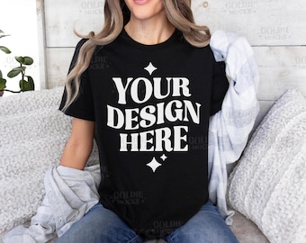 Bella Canvas 3001 Black Tshirt Mockup | 3001 Black T-shirt Mockup | Real Model Mock | Simple Basic Neutral Aesthetic Cozy Bella Canvas Shirt
