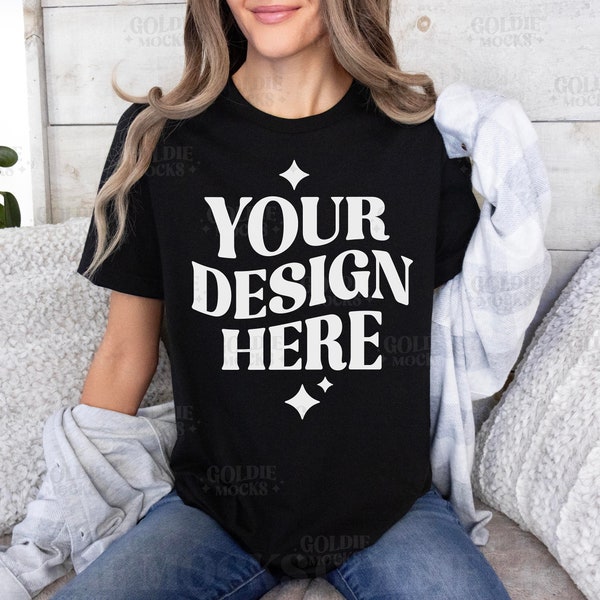 Bella Canvas 3001 Black Tshirt Mockup | 3001 Black T-shirt Mockup | Real Model Mock | Simple Basic Neutral Aesthetic Cozy Bella Canvas Shirt