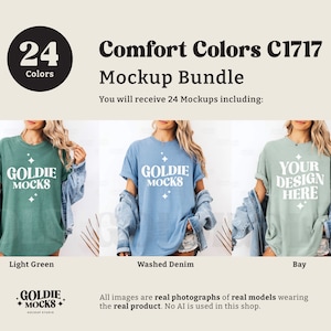 May include: A mockup bundle of 24 t-shirt designs featuring Comfort Colors C1717 fabric. The image shows three models wearing different colors: light green, washed denim, and bay. The text "GOLDIE MOCKS" is printed on the shirts.