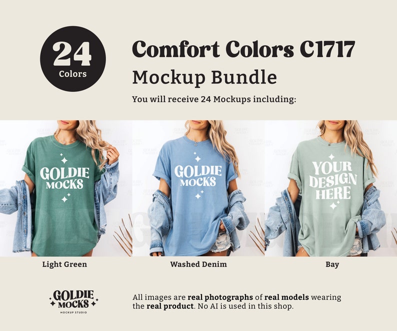 May include: A mockup bundle of 24 t-shirt designs featuring Comfort Colors C1717 fabric. The image shows three models wearing different colors: light green, washed denim, and bay. The text "GOLDIE MOCKS" is printed on the shirts.