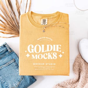 Comfort Colors C1717 Mustard Shirt Flat Lay Mockup | 1717 Yellow Folded Tshirt Mock-up | Real Product Mock | Neutral Boho Flatlay Aesthetic
