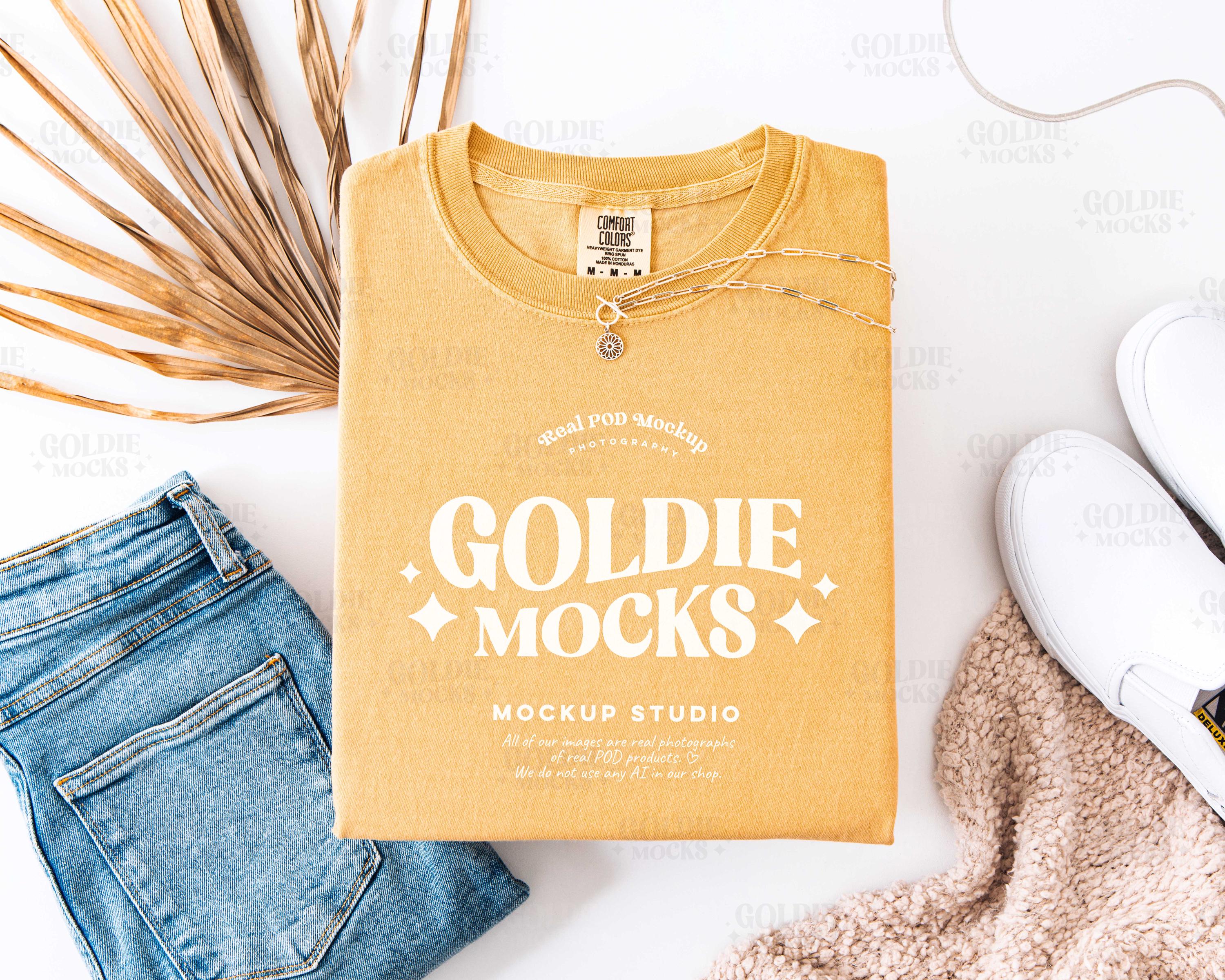 Comfort Colors C1717 Mustard Shirt Flat Lay Mockup | 1717 Yellow Folded Tshirt Mock-up | Real Product Mock | Neutral Boho Flatlay Aesthetic