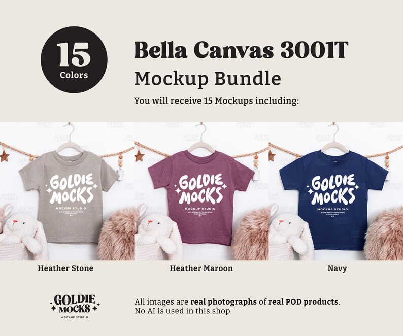 May include: A mockup bundle featuring three Bella Canvas 3001T t-shirts in Heather Stone, Heather Maroon, and Navy. Each shirt displays the "GOLDIE MOCKS" logo in white. The image includes text indicating 15 colors are available.