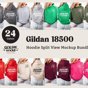 May include: A mockup bundle of 24 different color Gildan 18500 hoodies. The hoodies are shown in a split view, with the front and back of each hoodie visible. The text "GOLDIE + MOCKS" is printed on the front of each hoodie.
