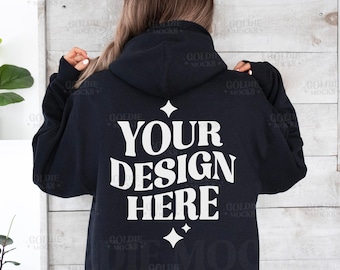 Gildan 18500 Black Hoodie Back Mockup | G185 Black Hooded Sweatshirt Back | Model Mock | Gildan 18500 Black Back | Simple Neutral Back Mock