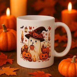 Halloween Ghost Mug, Cute Witch Hat Pumpkin Coffee Cup, Spooky Autumn Candle Ceramic Mug, Funny Seasonal Gift for Friends & Halloween Lovers