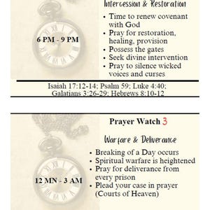 May include: A graphic with two pocket watches and text. The top section is labeled "Prayer Watch 1" and lists prayer topics for 6 PM - 9 PM. The bottom section is labeled "Prayer Watch 3" and lists prayer topics for 12 AM - 3 AM.