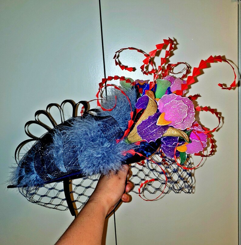 100% handmade huge Royal ascot, Kentucky Derby Hat & fascinator with Iris flowers. image 7