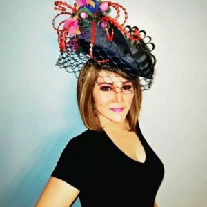 100% handmade huge Royal ascot, Kentucky Derby Hat & fascinator with Iris flowers. image 1