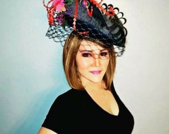 100% handmade huge Royal ascot, Kentucky Derby Hat & fascinator with Iris flowers.