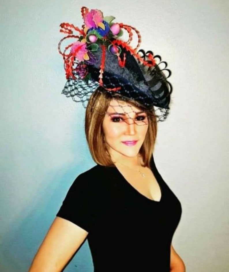 100% handmade huge Royal ascot, Kentucky Derby Hat & fascinator with Iris flowers. image 1