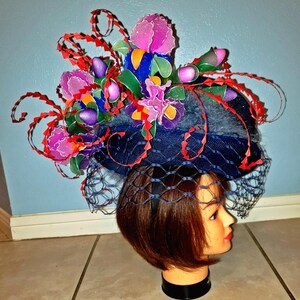 100% handmade huge Royal ascot, Kentucky Derby Hat & fascinator with Iris flowers. image 4