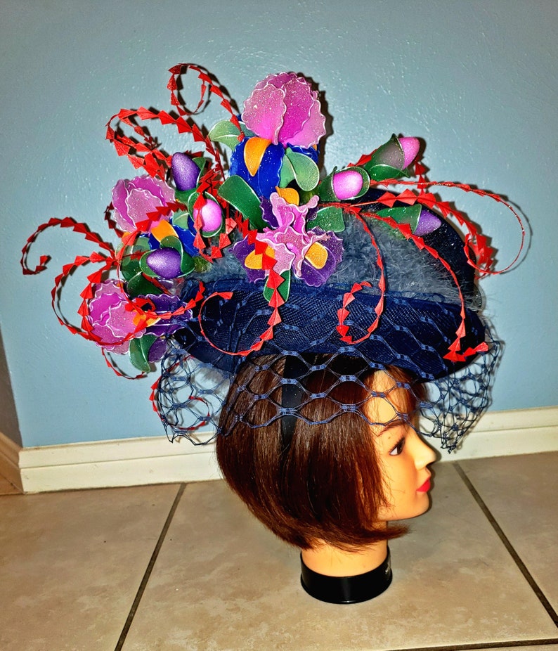 100% handmade huge Royal ascot, Kentucky Derby Hat & fascinator with Iris flowers. image 4