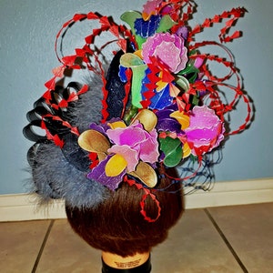 100% handmade huge Royal ascot, Kentucky Derby Hat & fascinator with Iris flowers. image 5