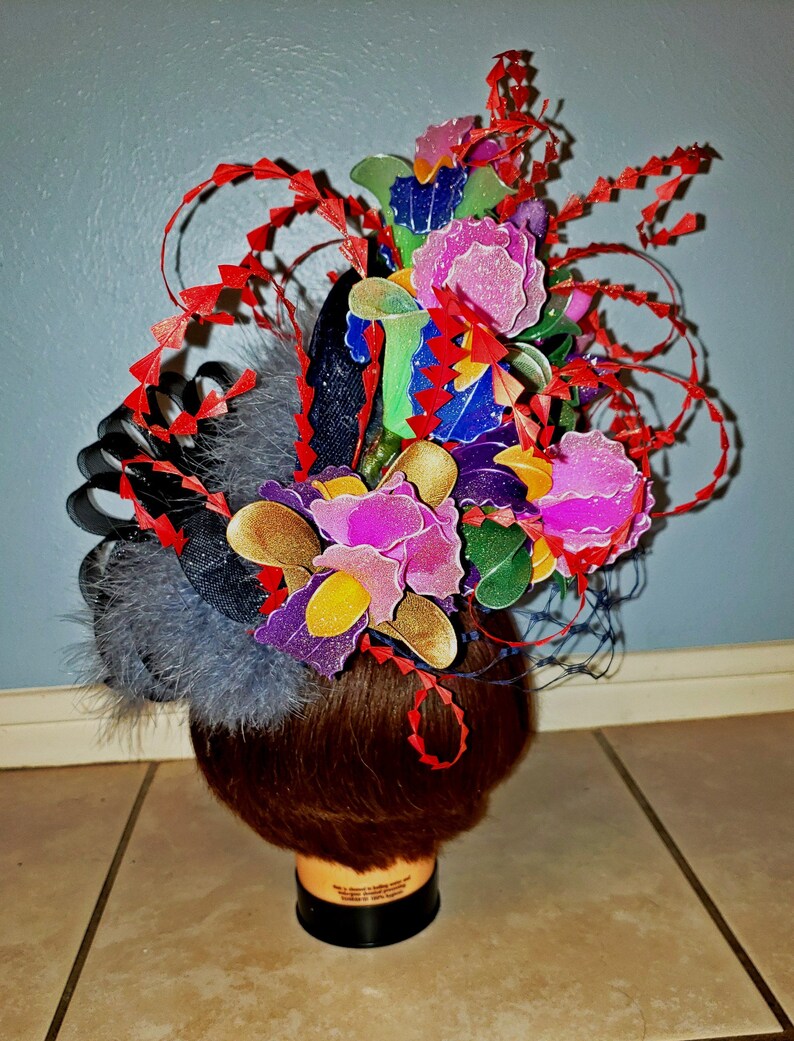 100% handmade huge Royal ascot, Kentucky Derby Hat & fascinator with Iris flowers. image 5