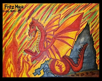 Original hand drawing fire breathing dragon.