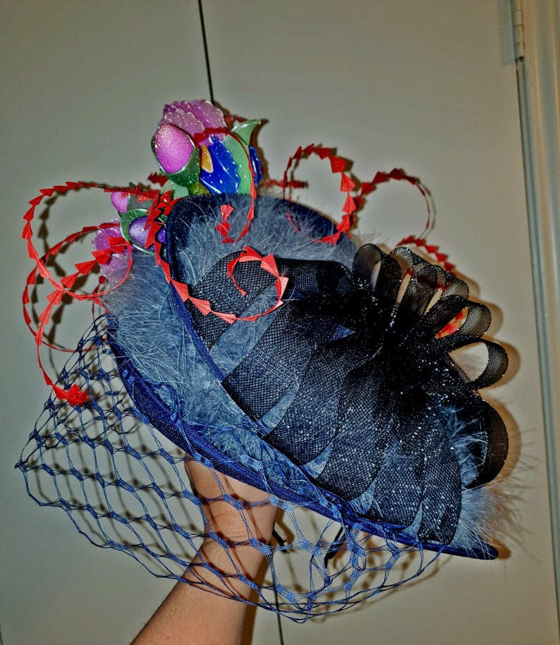 100% handmade huge Royal ascot, Kentucky Derby Hat & fascinator with Iris flowers. image 9