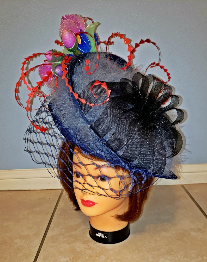 100% handmade huge Royal ascot, Kentucky Derby Hat & fascinator with Iris flowers. image 3