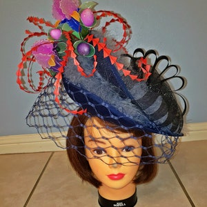 100% handmade huge Royal ascot, Kentucky Derby Hat & fascinator with Iris flowers. image 2