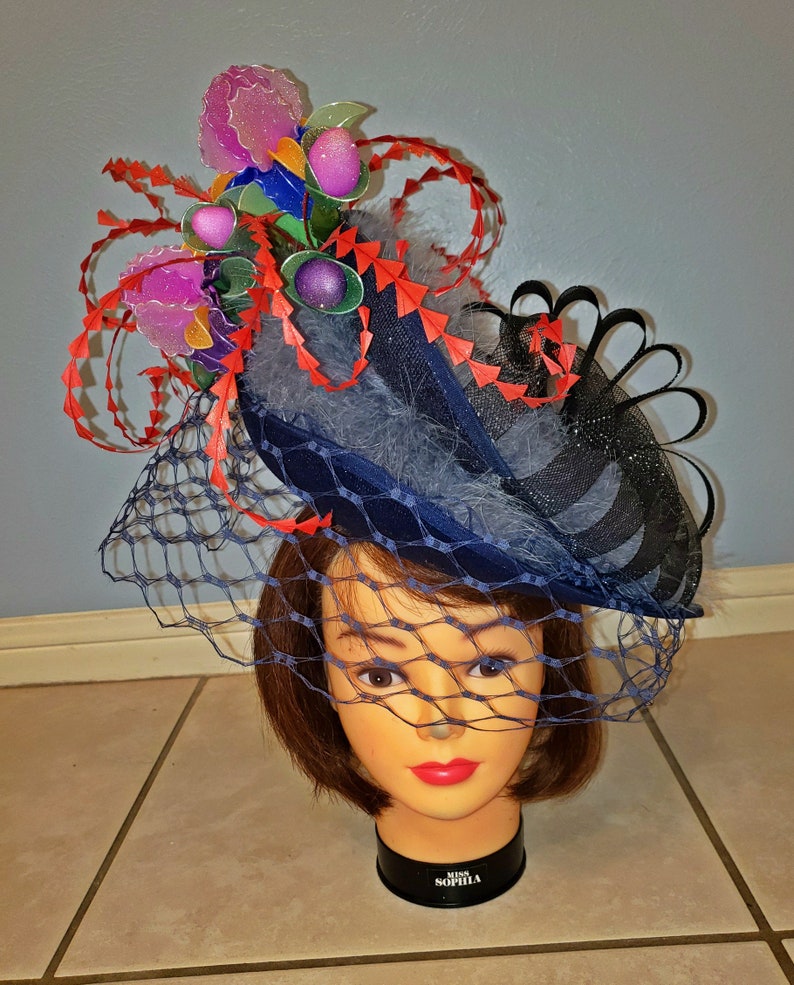 100% handmade huge Royal ascot, Kentucky Derby Hat & fascinator with Iris flowers. image 2