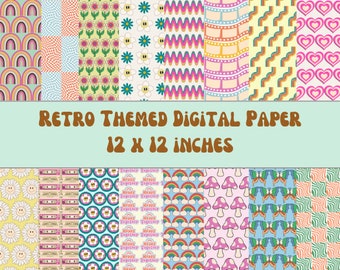 Pack de 16 papiers numériques rétro, motif floral, été, papier numérique, années 70, 70, hippie, été, rétro, thème, groovy, fleur, modèle, tendance