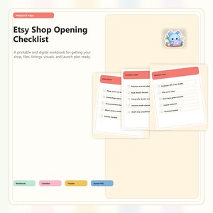 Può includere: Una cartella di lavoro digitale Etsy Shop Opening Checklist con tre schede di controllo bianche sovrapposte con intestazioni color corallo etichettate Shop Setup, Payment Ready e Product Files, più un piccolo adesivo blu.
