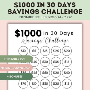 1000 in 30 Days Savings Challenge | Money Saving Challenge Printable | Save 1000 in 30 days | 1000 Savings Tracker