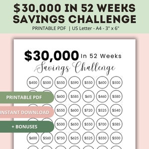 30K Savings Challenge Printable | 30,000 Savings Challenge in a Year | 30000 Savings Challenge | 30K Savings Challenge in 52 Weeks