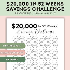 20000 Savings Challenge Printable | 20,000 Savings Challenge in a Year | 20K Savings Challenge | 20K Savings Challenge in 52 Weeks