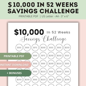 10K Savings Challenge Printable | 10,000 Savings Challenge in a Year | 10000 Savings Challenge | 10K Savings Challenge in 52 Weeks
