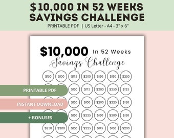 10K Savings Challenge Printable | 10,000 Savings Challenge in a Year | 10000 Savings Challenge | 10K Savings Challenge in 52 Weeks