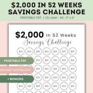 2K Savings Challenge Printable | 2,000 Savings Challenge in a Year | 2000 Savings Challenge | 2K Savings Challenge in 52 Weeks