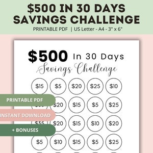 500 in 30 Days Savings Challenge | Money Saving Challenge Printable | Save 500 in 30 days | 500 Savings Tracker