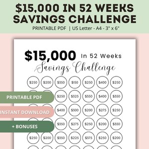 15K Savings Challenge Printable | 15,000 Savings Challenge in a Year | 15000 Savings Challenge | 15K Savings Challenge in 52 Weeks