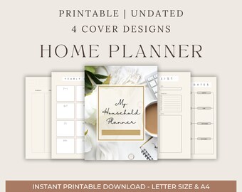 May include: Printable undated home planner with four cover designs. The cover features a white marble background with a gold frame and the text "My Household Planner". The planner includes pages for yearly, monthly, weekly, and daily planning.