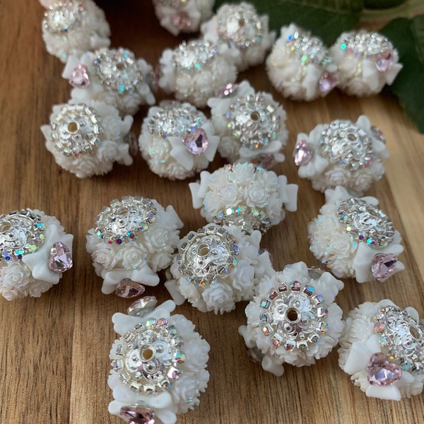 Fancy Rose Beads | White Rose Beads | Flower Beads | Flowers With Bows | Fit On Beaded Pen| Flowers With Rhinestone Beads | Flower Beads