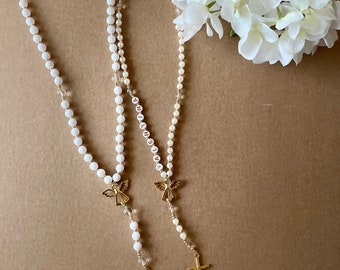 Rosary with white pearls 6 mm without/with personalization