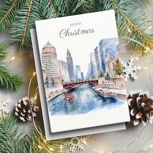 Christmas in Chicago Notes Cards set 6, Personalized Christmas card you can add your family wishes, Chicago loop,River walk Watercolor art