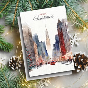 Christmas in New York Notes Cards set 6, Personalized Christmas card you can add your family name and wishes, Empire State NY Watercolor art