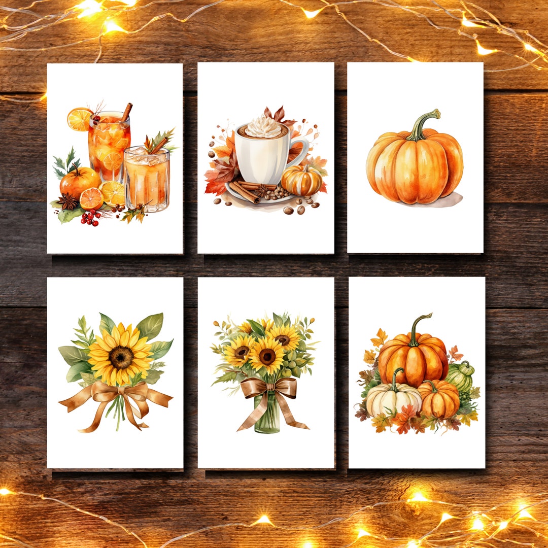 Notecards Set 6 Sunflowers , Fall Drinks, Pumpkin Watercolor Card ...